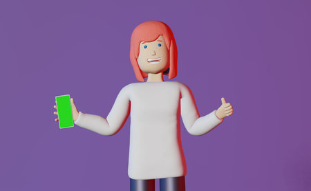 Girl shows thumb up holds mobile phone purple background 3d rendering. Smartphone screen mockup...