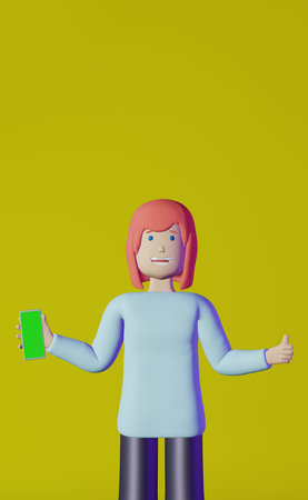 Blogger girl holding Smartphone thumb up yellow background 3d rendering. Mobile phone screen app...