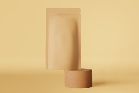 Balancing brown paper pouch bag coffee beans 3D rendering podium beige design. Merchandise packaging logo promo. Blank matte kraft product doy pack levitating template Shop sale discount demonstrationの写真素材