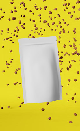 White matte pouch bags falling coffee beans 3D rendering modern yellow design. Merchandise packaging...