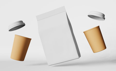 White pouch bag coffee cups with lids levitating 3D rendering. Coffee shop discount demonstration showcase Floating hot beverages sale. Cafe branding promo design Flying blank packaging label templateの写真素材