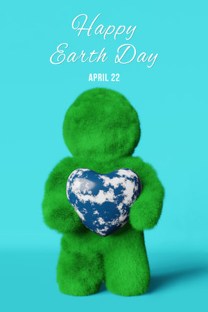 Happy Earth Day card April 22 Cute green grass Yeti with heart shape planet 3d rendering banner...