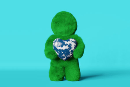 Happy Earth Day card April 22 Cute green grass Yeti with heart shape planet 3d rendering banner flyer. Ecology Environment Ecosystem Saving Conscious consumption Sustainability Climate change concept.の写真素材