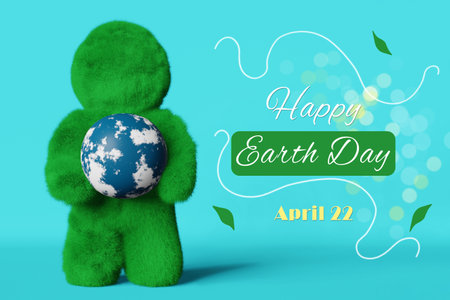 Happy Earth Day card April 22 Cute green grass Yeti with planet 3d rendering banner. Ecology Environment Ecosystem Saving Conscious consumption. Sustainability Climate change Stop destruction concept.の写真素材