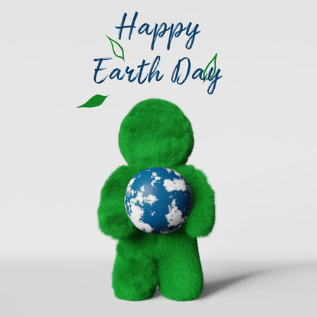 Happy Earth Day card April 22 Cute green grass Yeti blue planet 3d rendering banner. Ecology Environment Ecosystem Saving Conscious consumption. Sustainability Climate change Stop destruction concept.の写真素材