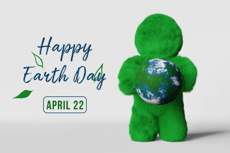 Happy Earth Day card April 22 Cute green grass Yeti blue planet 3d rendering banner. Ecology Environment Ecosystem Saving Conscious consumption. Sustainability Climate change Stop destruction concept.の写真素材