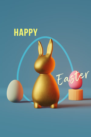 Happy Easter greeting card Shiny golden bunny eggs futuristic blue neon light 3d rendering. Contemporary creative minimalist style. Modern party pop-art invitation design Social media content templateの写真素材