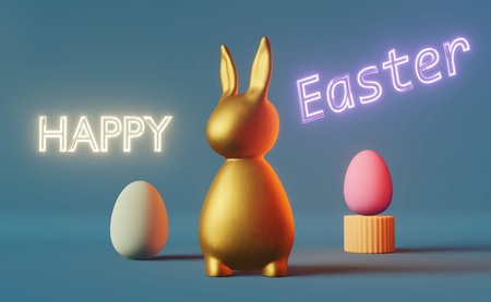Happy Easter greeting card Shiny golden bunny eggs futuristic blue neon light 3d rendering....