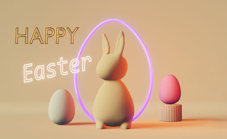 Happy Easter greeting card matte pastel bunny purple neon egg 3d rendering. Contemporary creative...