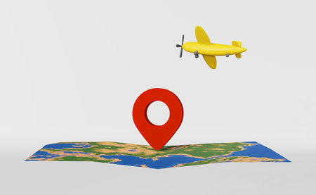 Map with geolocation pin point flying airplane 3d rendering banner. Destination location red marker. Travel rout transportation site advertising Traveler GPS navigation Airport flight journey vacationの写真素材