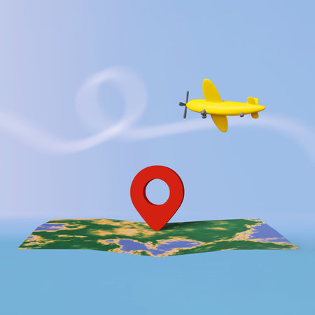 Map with geolocation pin point flying airplane 3d rendering banner. Destination location red marker. Travel rout transportation site advertising Traveler GPS navigation Airport flight journey vacationの写真素材
