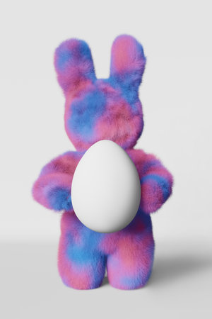 Cute plush furry Easter bunny white egg greeting card 3d rendering. Purple pink fur rabbit contemporary creative minimalist style. Modern party invitation design. Social media spring content template.の写真素材