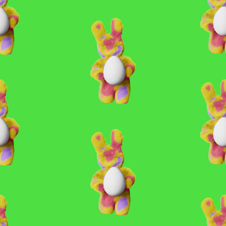Cute plush furry Easter bunny egg seamless pattern 3d rendering. Yellow purple pink rabbit contemporary creative style Modern wrapping paper clothes cartoon design Social media spring content templateの写真素材