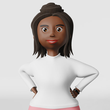 Smiling African American body positive woman 3D rendering social media avatar UI UX design. Multiracial plus size diverse black girl employee student. Cartoon character face white background portrait.の写真素材