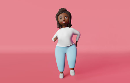 Running African American body positive woman 3D rendering character. Multiracial plus size diverse girl runner in sportswear training fitness Healthy active lifestyle weight loss treadmill run workoutの写真素材