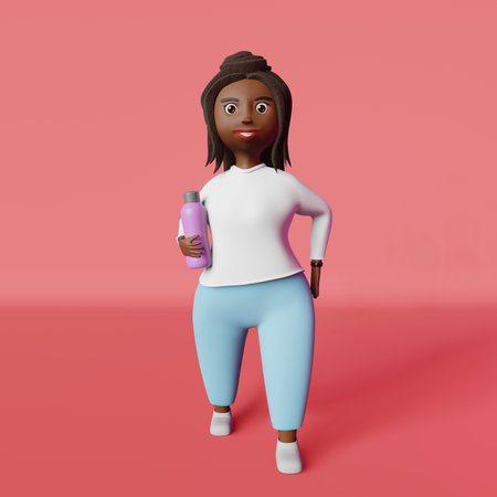 Running African American body positive woman water bottle 3D rendering character.Multiracial plus size diverse girl runner in sportswear training fitness Healthy active lifestyle weight loss treadmillの写真素材