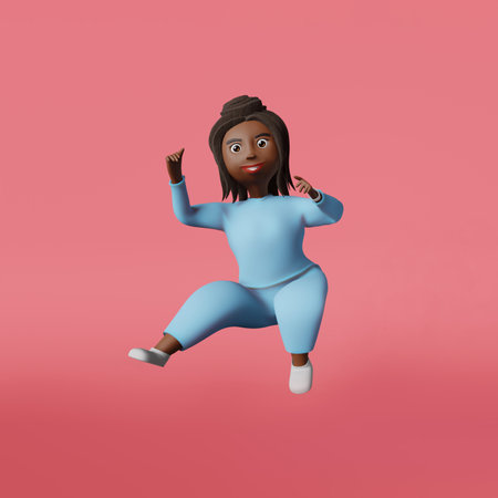 Jumping fighting African American body positive woman 3D rendering character pink.Multiracial plus size diverse girl jump up in sportswear training fitness Healthy active lifestyle weight loss workoutの写真素材