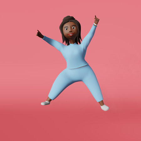 Jumping happy African American body positive woman 3D rendering character. Multiracial plus size diverse girl jumps up in sportswear training fitness. Healthy active lifestyle weight loss workoutの写真素材