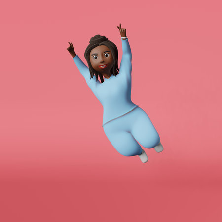 Jumping happy African American body positive woman 3D rendering character. Multiracial plus size diverse girl jumps up in sportswear training fitness. Healthy active lifestyle weight loss workoutの写真素材