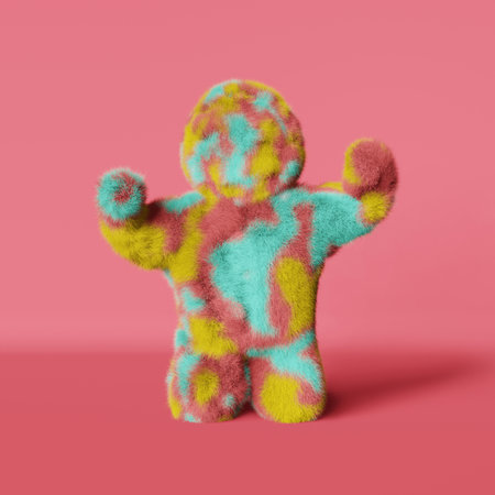Strong colorful furry Yeti 3d rendering cartoon character with rised hands muscles pink background. Powerful plush hairy faceless bigfoot. Modern creative poster design Contemporary advertising bannerの写真素材