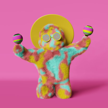 Happy colorful furry Yeti Mexican sombrero hat traditional maracas dancing 3d rendering cartoon latino character purple background Modern creative poster design.Contemporary spanish advertising bannerの写真素材