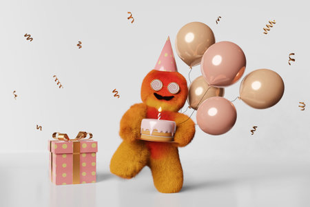 Cute plush furry Yeti gift box sparkles balloons 3d character white background. Positive bigfoot cake candle 1 year corporate anniversary Birthday party celebration Creative holiday advertising designの写真素材