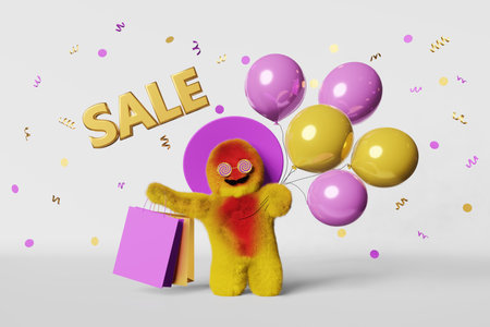 Cute Yeti balloons confetti shopping bag Sale 3d rendering. Fashion branding mockup shopper template. Online shop buying discount promo banner. Creative festive advertising design Holiday gifts couponの写真素材