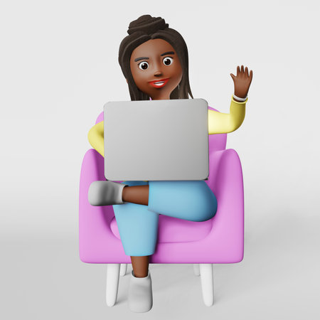 Smiling African American woman employee 3d character working typing on laptop remotely having video conference talking on web call corporate meeting. Diverse freelance worker Online studyingの写真素材