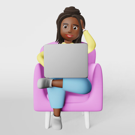 Scared stressed African American woman employee 3d character working on laptop remotely having video conference talking web call Corporate meeting. Diverse freelancer missing deadline. Online studyingの写真素材