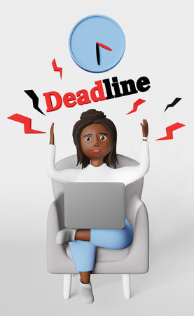 Scared stressed African American woman employee 3d character working on laptop on video conference Corporate meeting. Time management Diverse freelancer missing deadline Schedule Planning Productivityの写真素材