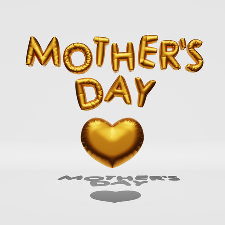 Happy Mother's Day greeting card golden heart balloons 3D rendering design. Festive banner poster shiny metallic gold flying inflatable letters text sign I love you mom postcard template Best mum everの写真素材