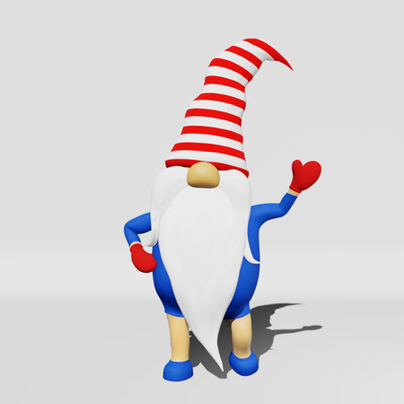 United States Independence Day gnome striped hat 3D rendering. 4th of July national USA flag holiday greeting card advertising party banner design. Scandinavian character american patriotic symbolics.の写真素材