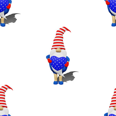 United States Independence Day gnome striped hat seamless pattern with shadow. 4th of July national USA flag holiday festive party clothes fabric design. Scandinavian character in patriotic symbolics.の写真素材
