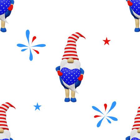 United States Independence Day gnome striped hat seamless pattern. 4th of July national USA flag holiday festive advertising party clothes fabric design. Scandinavian character in patriotic symbolics.の写真素材