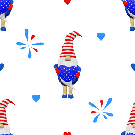 United States Independence Day gnome striped hat seamless pattern. 4th of July national USA flag holiday festive advertising party clothes fabric design. Scandinavian character in patriotic symbolics.の写真素材