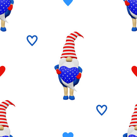 United States Independence Day gnome striped hat seamless pattern. 4th of July national USA flag holiday festive advertising party clothes fabric design. Scandinavian character in patriotic symbolics.の写真素材