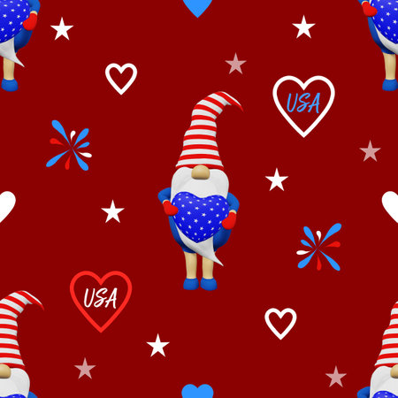 United States Independence Day gnome striped hat seamless pattern. 4th of July national USA flag holiday festive advertising party clothes fabric design. Scandinavian character in patriotic symbolics.の写真素材