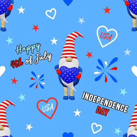 United States Independence Day gnome striped hat seamless pattern. 4th of July national USA flag holiday festive advertising party clothes fabric design. Scandinavian character in patriotic symbolics.の写真素材