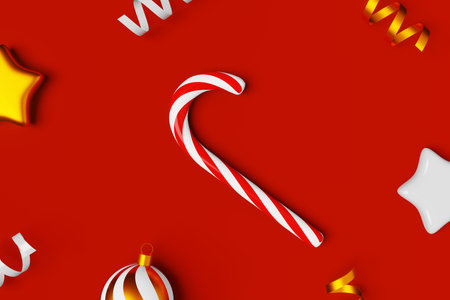 Christmas ornament candy cane balls shiny ribbons 3D rendering red background. Christmastide lollipop caramel stick Festive Xmas Saint Nicholas Day. Winter holiday seasonal decoration flat lay banner.の写真素材