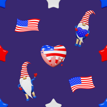 United States Independence Day gnome striped hat seamless pattern. 4th of July national USA flag holiday festive advertising party clothes fabric design. Scandinavian character in patriotic symbolics.の写真素材