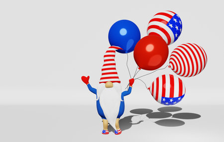 United States Independence Day gnome hat balloons 3D rendering. 4th of July national USA flag greeting card festive party. Labor day banner design. Scandinavian character american patriotic symbolicsの写真素材