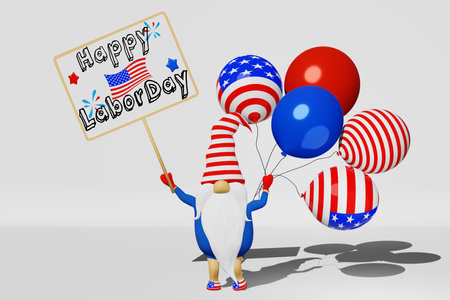 United States Labor Day gnome in hat with signboard balloons 3D render banner. National workers day USA flag festive party scrensaver design. Scandinavian character american laborer patriotic symbolicの写真素材