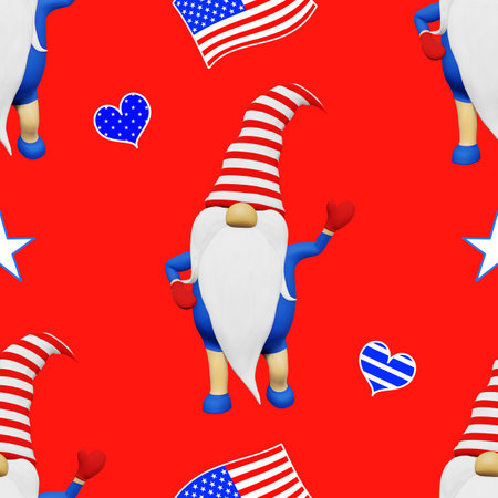United States Independence Day gnome striped hat seamless pattern. 4th of July national USA flag holiday festive clothes fabric sublimation printing design. Scandinavian character patriotic symbolics.の写真素材