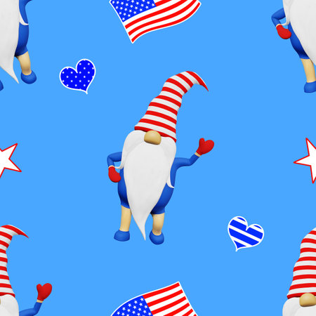 United States Independence Day gnome striped hat seamless pattern. 4th of July national USA flag holiday festive clothes fabric sublimation printing design. Scandinavian character patriotic symbolics.の写真素材