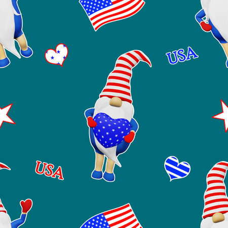 United States Independence Day gnome striped hat seamless pattern. 4th of July national USA flag holiday festive clothes fabric sublimation printing design. Scandinavian character patriotic symbolics.の写真素材
