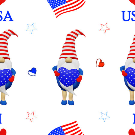 United States Independence Day gnome striped hat seamless pattern. 4th of July national USA flag holiday festive clothes fabric sublimation printing design. Scandinavian character patriotic symbolics.の写真素材