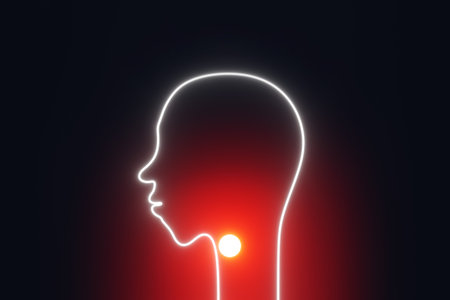 Sore throat concept. Human head silhouette red glowing acute nasopharynx pain 3d rendering....