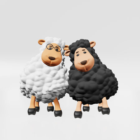 Two cute white and black sheep friends 3d rendering. Friendship Day. Pyjamas printing bedclothes, baby shower, children party invitation, funny clothes t-shirt Adorable lambs Kids room interior designの写真素材