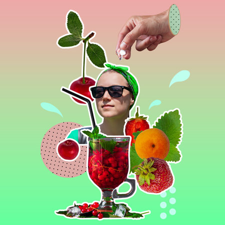 Creative digital collage stylish young woman in bandana with cold cocktail fruit berries hand ice cube fresh mint leaves gradient background. Contemporary surrealism funky graphic montage illustrationの写真素材