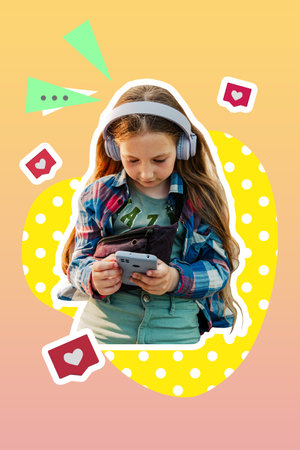 Creative digital collage stylish girl in headphones smartphone using social media listening to music gradient background. Like button Contemporary funky trendy graphic montage illustration urban styleの写真素材